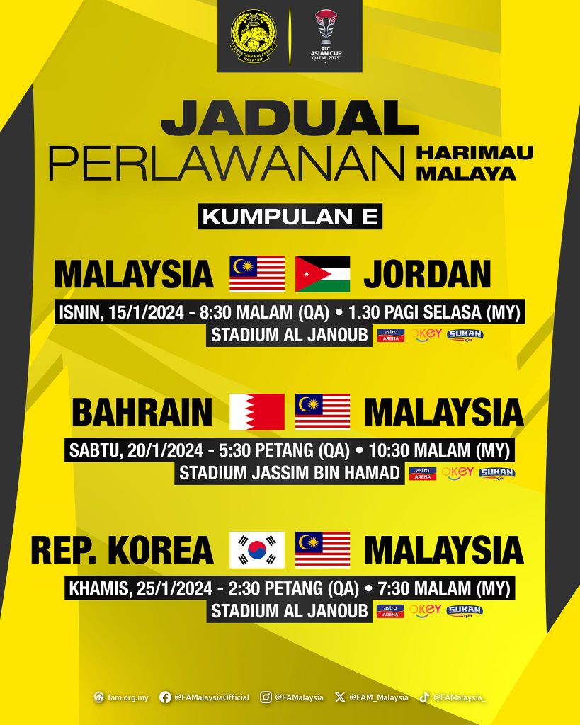 大马国家足球队在E小组赛时间表——照片：Football Association of Malaysia 脸书专页