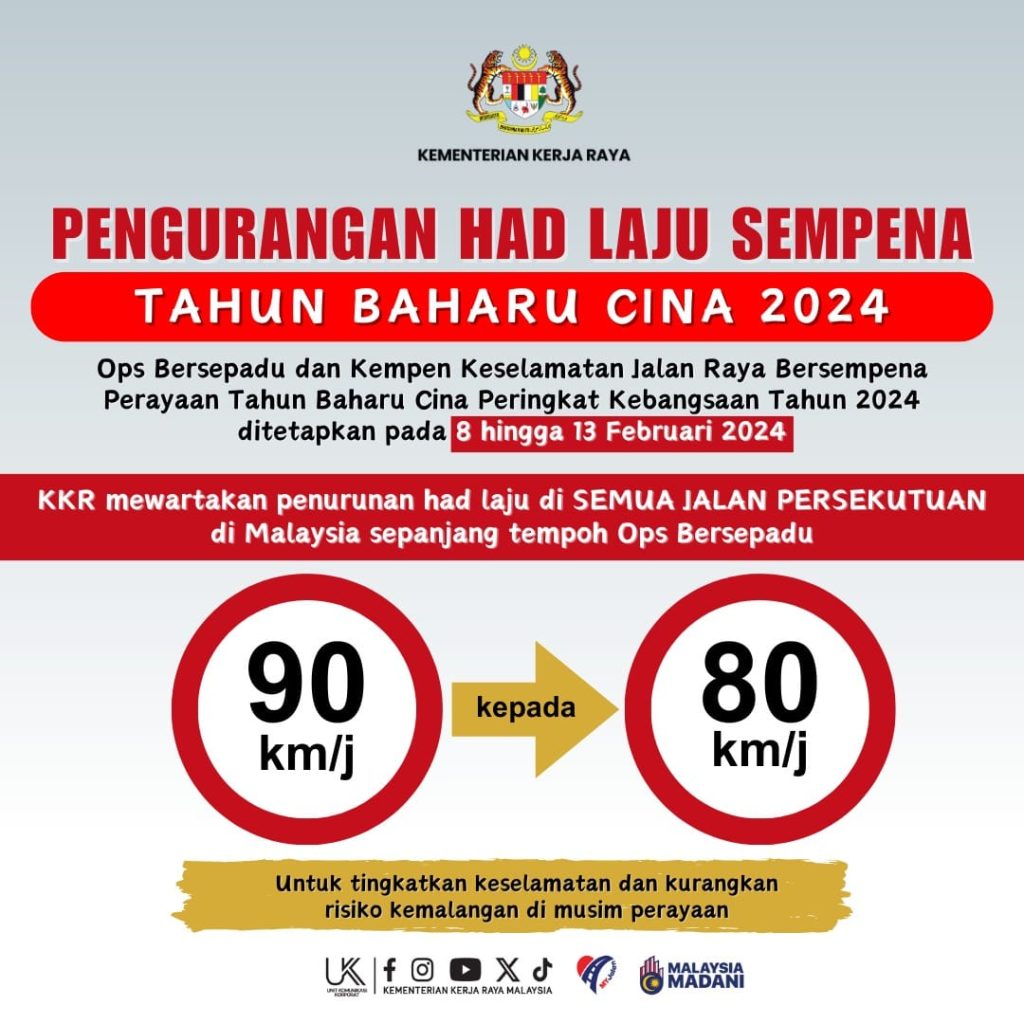 工程部在官方脸书专页宣布降低限速的措施。——照片：工程部 Kementerian Kerja Raya Malaysia