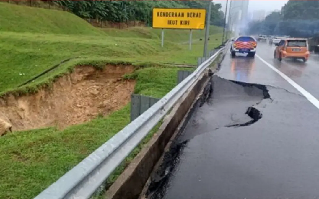 靠哥打白沙罗路段雨后地陷 NKVE紧急车道暂封