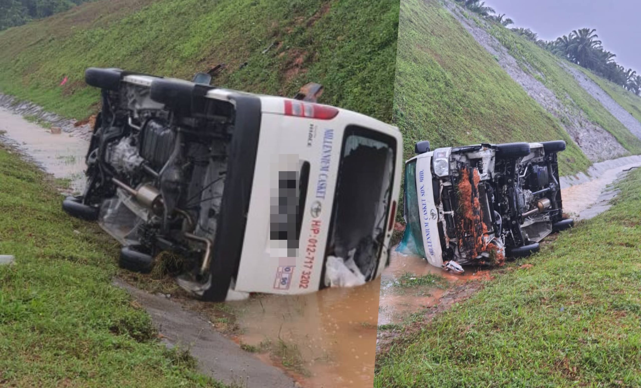 天雨路滑 棺材车擦撞罗里后翻覆