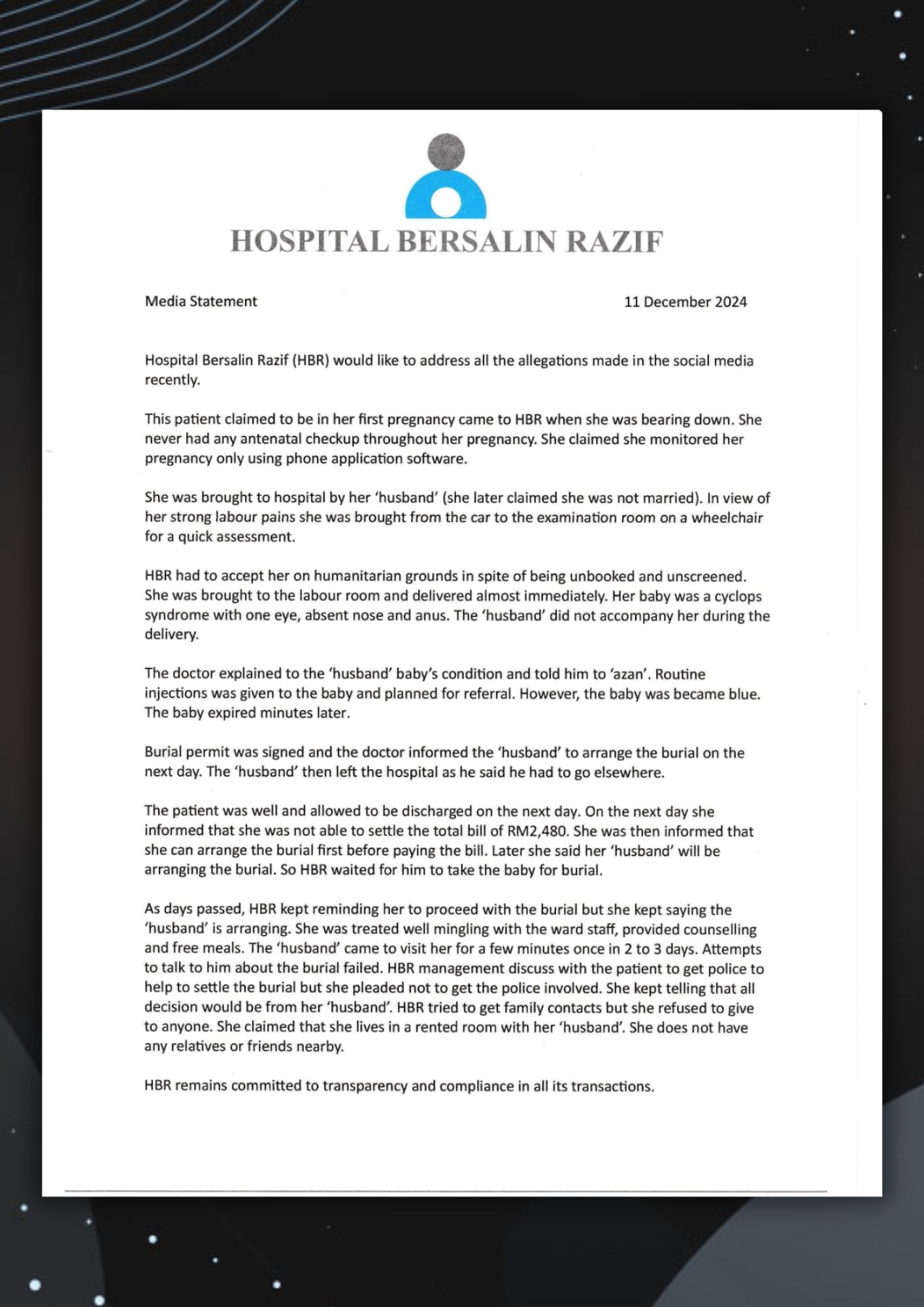 牵涉风波的私人医院（Hospital Bersalin Razif）发文告说明事件。——取自HBR脸书专页