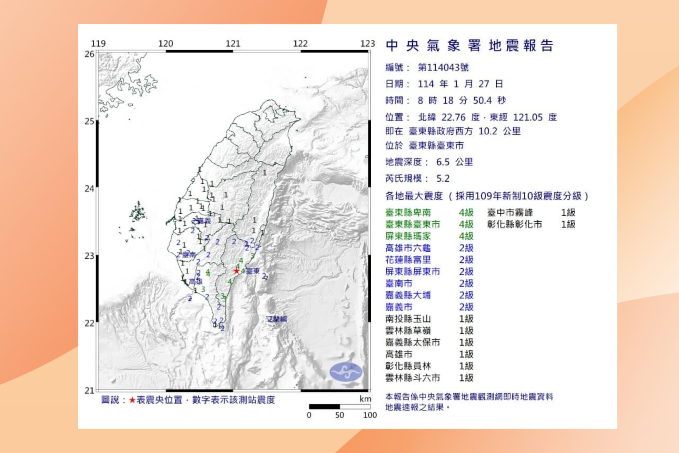 小年夜台东5.2地震  台湾二周内或有较大规模地震